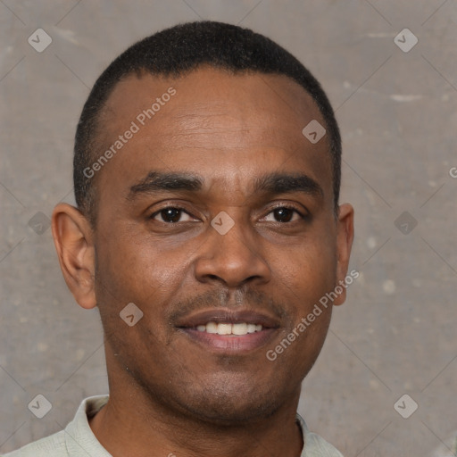 Joyful black young-adult male with short  brown hair and brown eyes