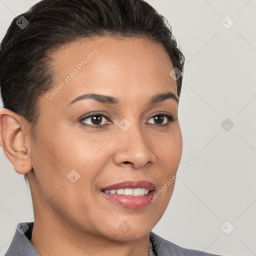 Joyful white young-adult female with short  brown hair and brown eyes