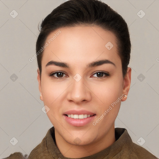 Joyful white young-adult female with short  brown hair and brown eyes