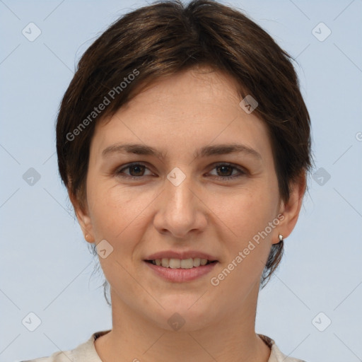 Joyful white young-adult female with short  brown hair and brown eyes