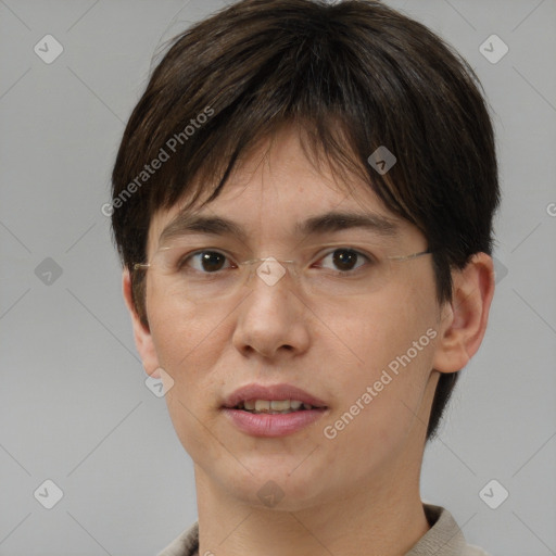 Joyful white young-adult female with short  brown hair and brown eyes