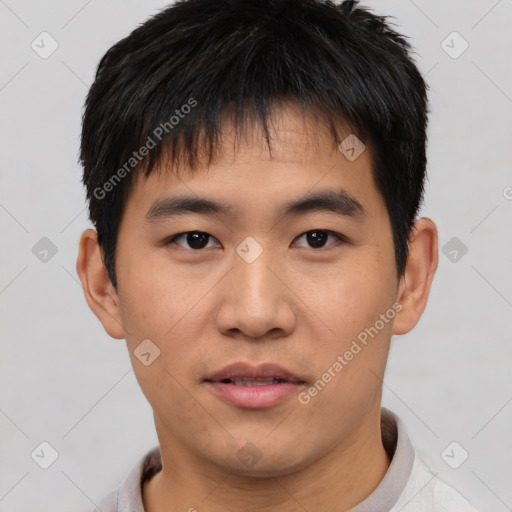 Neutral asian young-adult male with short  black hair and brown eyes