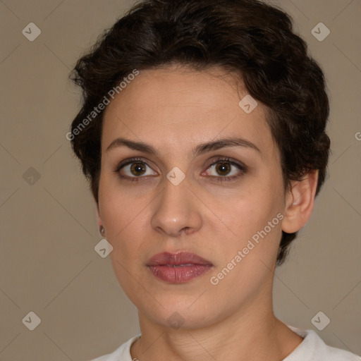 Neutral white young-adult female with short  brown hair and brown eyes