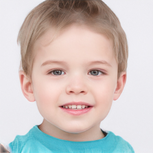 Joyful white child male with short  brown hair and grey eyes