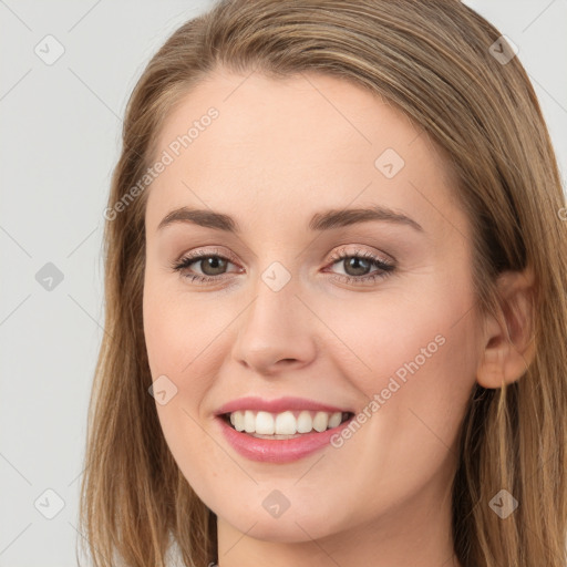 Joyful white young-adult female with long  brown hair and grey eyes