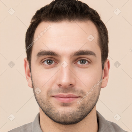 Neutral white young-adult male with short  brown hair and brown eyes