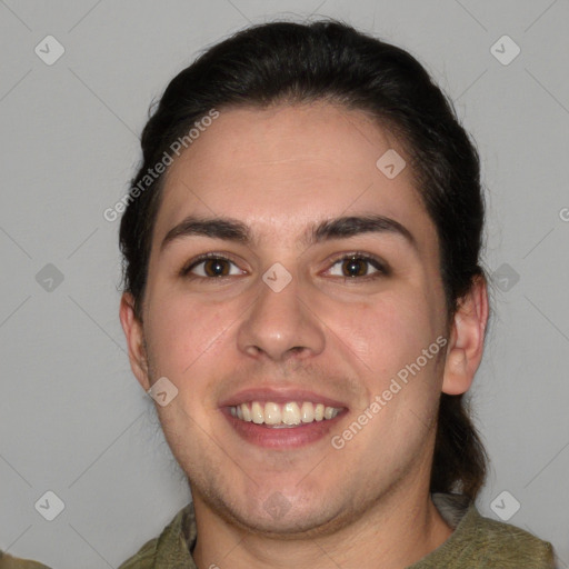 Joyful white young-adult male with medium  brown hair and brown eyes