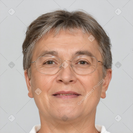 Joyful white middle-aged male with short  brown hair and brown eyes