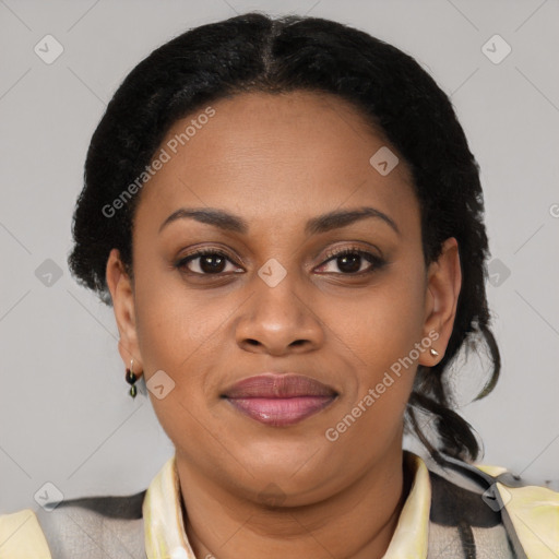 Joyful latino adult female with short  black hair and brown eyes