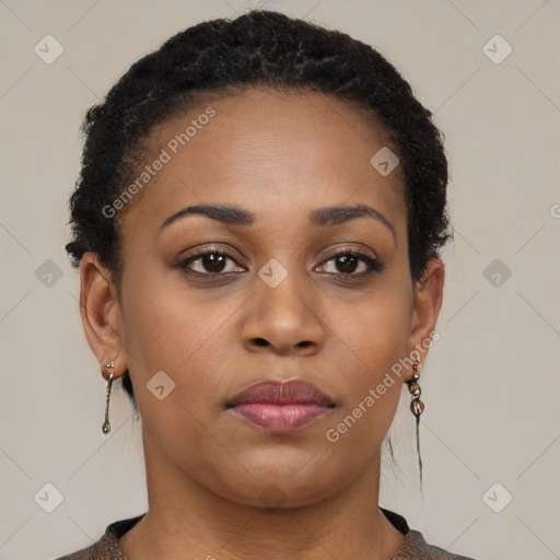 Neutral black young-adult female with short  brown hair and brown eyes