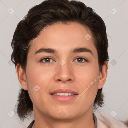 Joyful white young-adult female with medium  brown hair and brown eyes