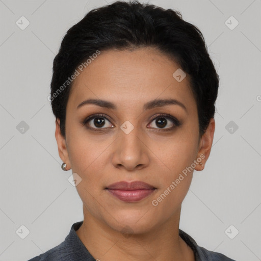 Joyful latino young-adult female with short  black hair and brown eyes