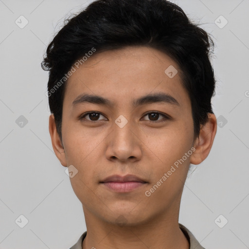 Neutral asian young-adult male with short  black hair and brown eyes