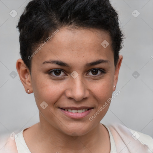 Joyful white young-adult female with short  brown hair and brown eyes