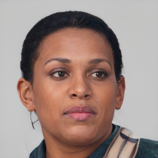 Neutral black young-adult female with short  brown hair and brown eyes