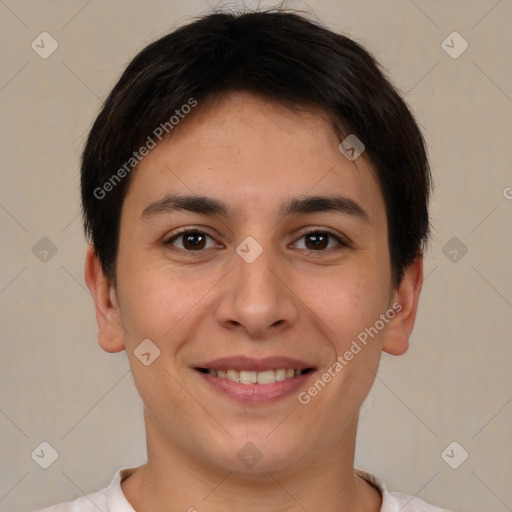 Joyful white young-adult female with short  brown hair and brown eyes