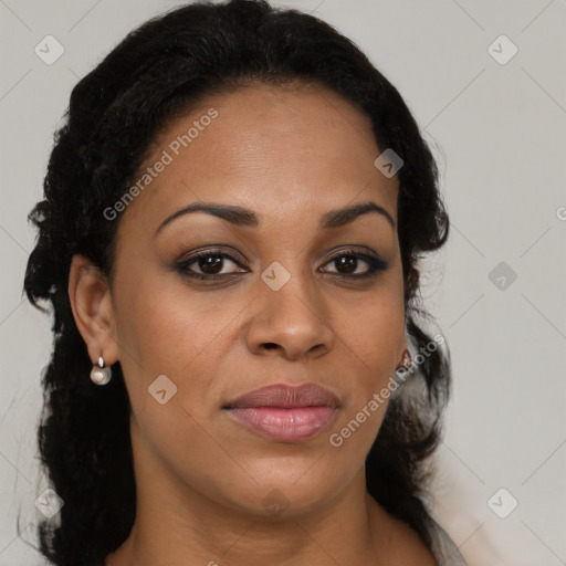 Joyful latino young-adult female with long  brown hair and brown eyes