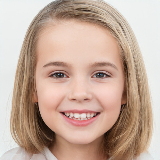 Joyful white child female with medium  brown hair and brown eyes