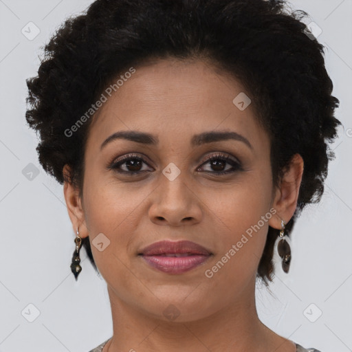 Joyful latino young-adult female with short  brown hair and brown eyes