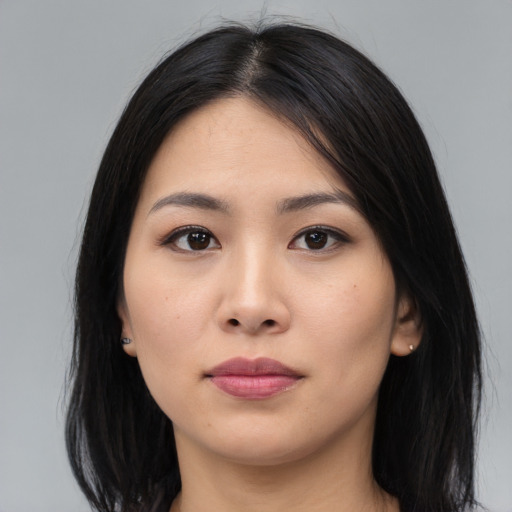 Neutral asian young-adult female with long  black hair and brown eyes