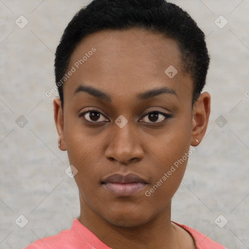 Neutral black young-adult female with short  black hair and brown eyes