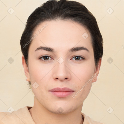 Neutral white young-adult female with short  brown hair and brown eyes