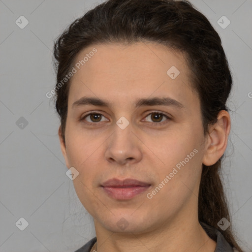 Joyful white young-adult female with medium  brown hair and brown eyes