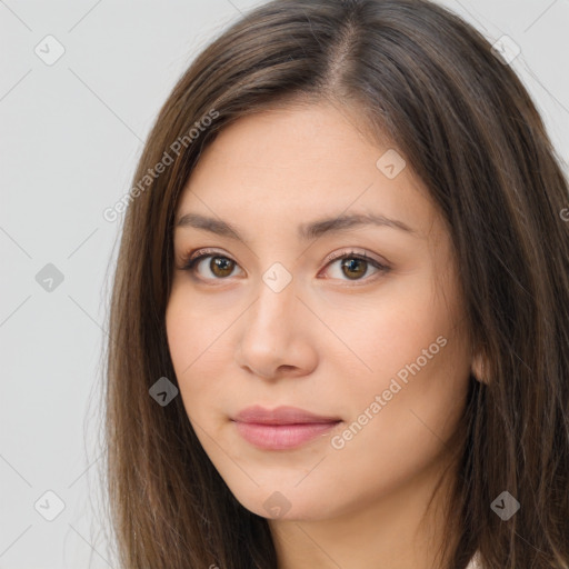 Neutral white young-adult female with long  brown hair and brown eyes