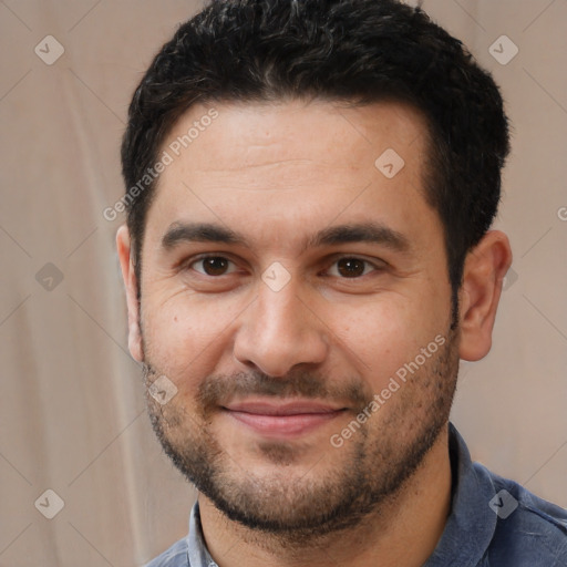 Joyful white young-adult male with short  black hair and brown eyes