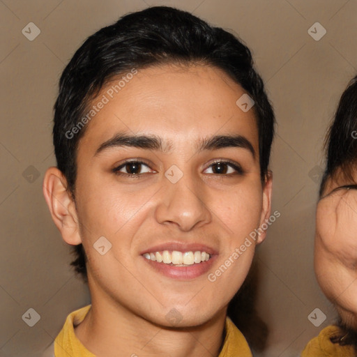 Joyful latino young-adult male with short  brown hair and brown eyes