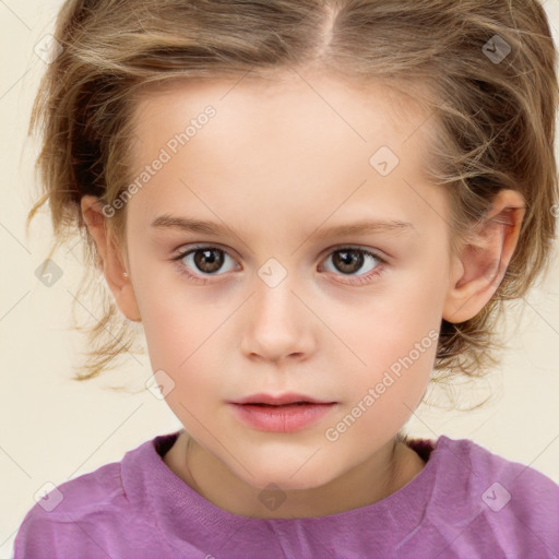 Neutral white child female with medium  brown hair and grey eyes