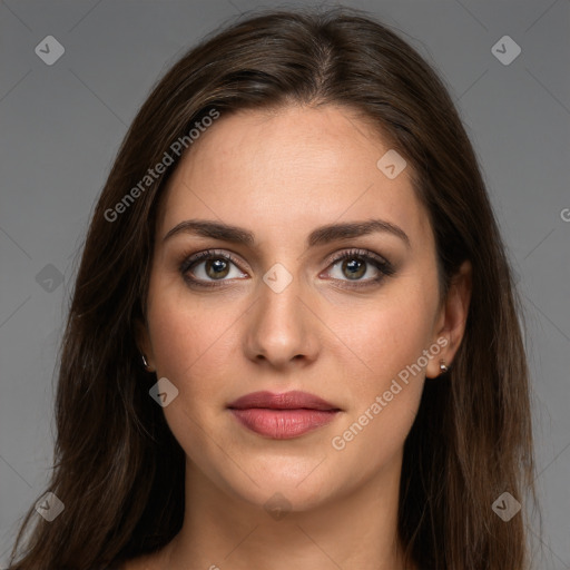 Joyful white young-adult female with long  brown hair and grey eyes