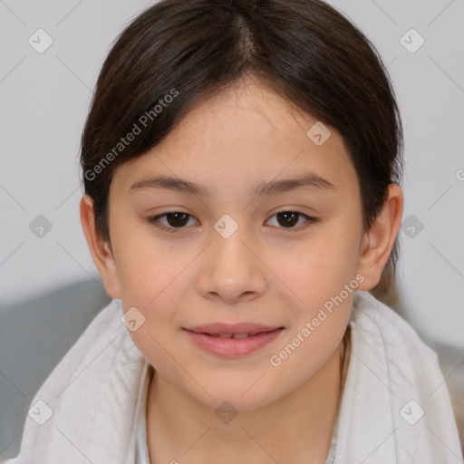 Joyful white child female with medium  brown hair and brown eyes