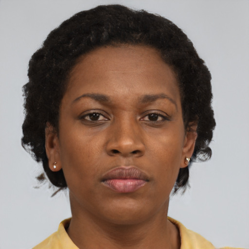 Neutral black adult female with short  brown hair and brown eyes