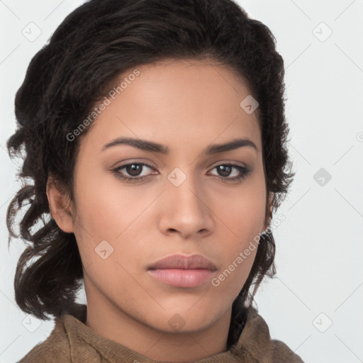 Neutral white young-adult female with short  brown hair and brown eyes