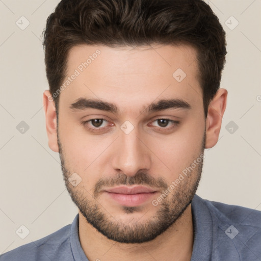 Neutral white young-adult male with short  brown hair and brown eyes