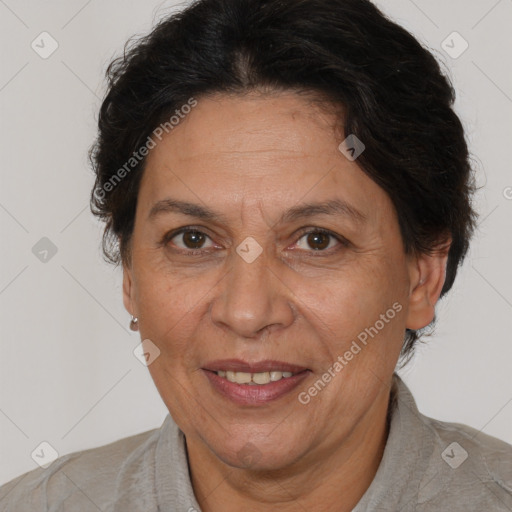 Joyful white adult female with short  brown hair and brown eyes