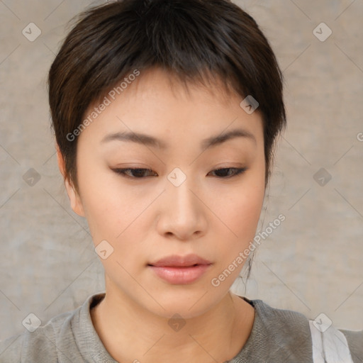 Neutral asian young-adult female with short  brown hair and brown eyes