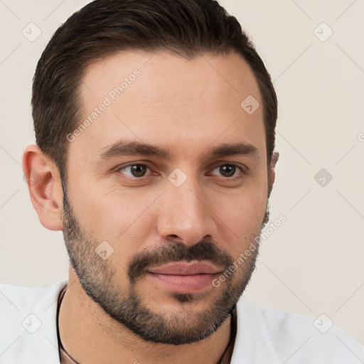 Neutral white young-adult male with short  brown hair and brown eyes