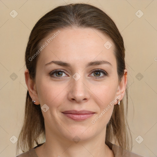 Joyful white young-adult female with medium  brown hair and grey eyes