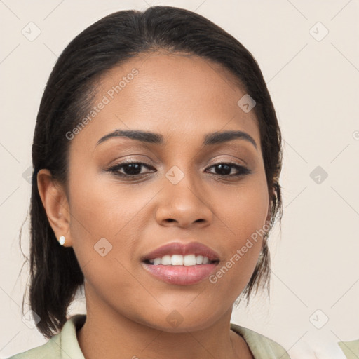 Joyful white young-adult female with medium  brown hair and brown eyes