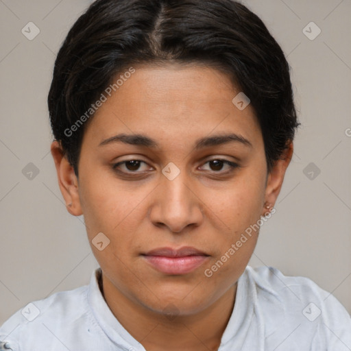 Joyful latino young-adult female with short  brown hair and brown eyes