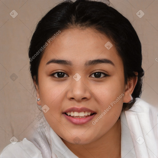 Joyful asian young-adult female with medium  brown hair and brown eyes