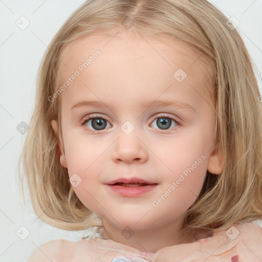 Neutral white child female with medium  brown hair and blue eyes