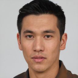 Neutral asian young-adult male with short  black hair and brown eyes