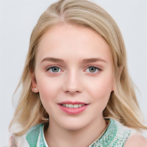 Joyful white young-adult female with medium  brown hair and blue eyes