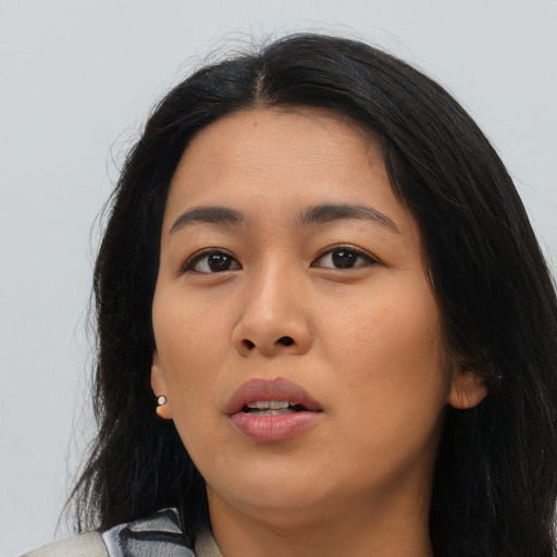 Neutral asian young-adult female with long  black hair and brown eyes