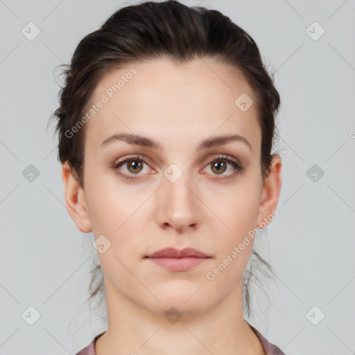 Neutral white young-adult female with short  brown hair and brown eyes