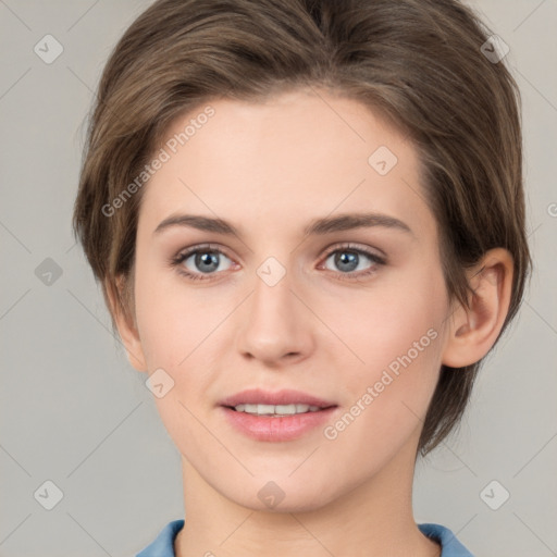 Joyful white young-adult female with medium  brown hair and green eyes