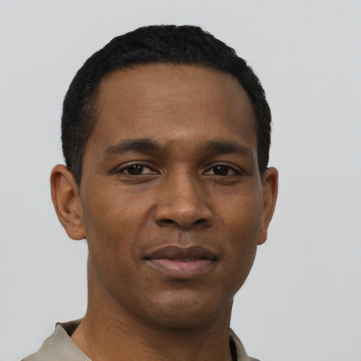 Neutral black young-adult male with short  black hair and brown eyes